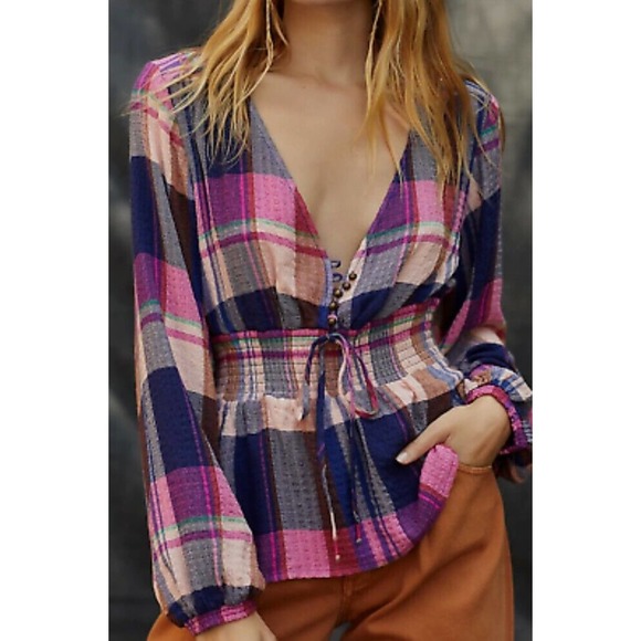 Anthropologie Pilcro Deep V Plaid Blouse - size small - Picture 2 of 10